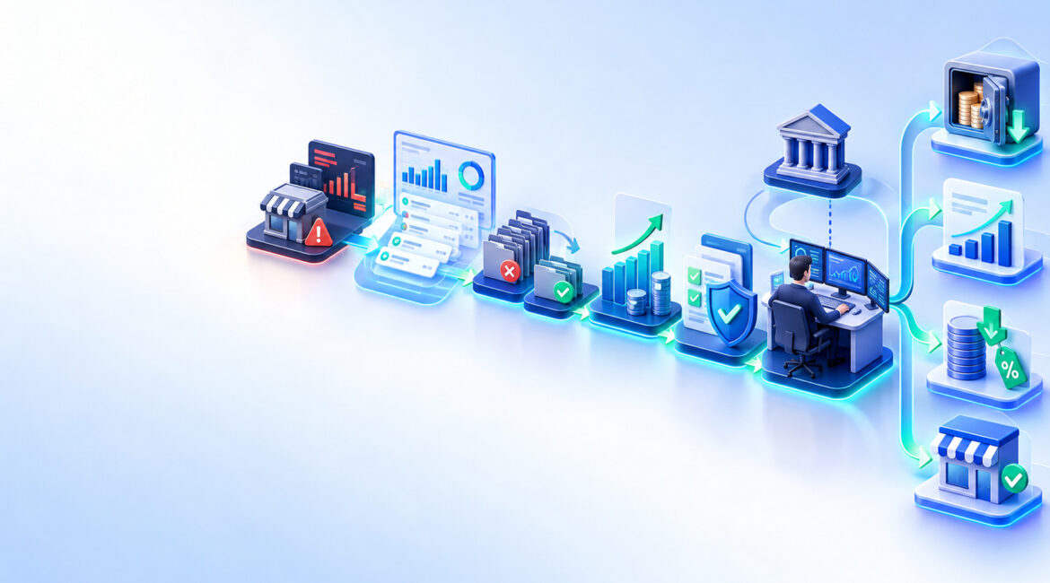 High-risk merchant reclassification underwriting review showing improved processing history and better merchant account terms